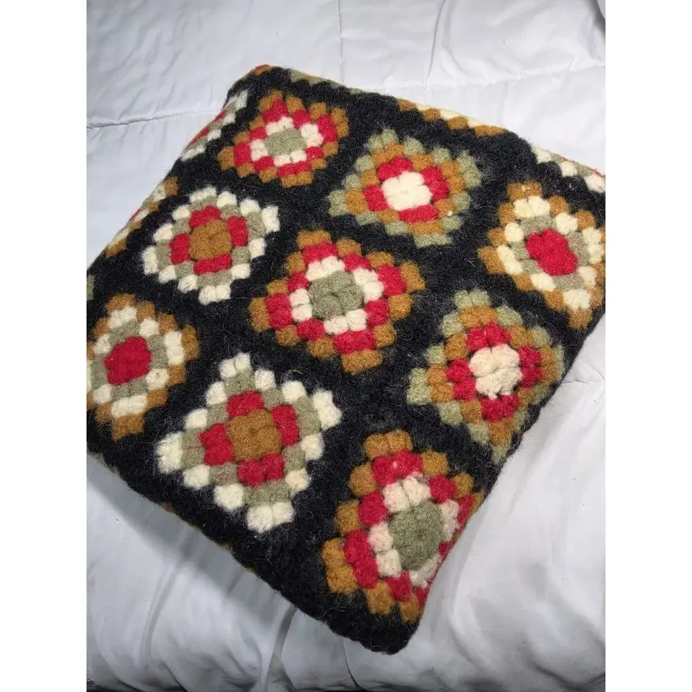 VTG Multicolor Wool Crochet Granny Square Roseanne FairIsle Quilt Blanket 50x40”